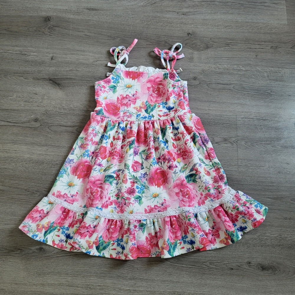 Girls Floral Tie Shoulder Ruffle Dress Pink Blue Summer Midi 3XL Kids size 7-8